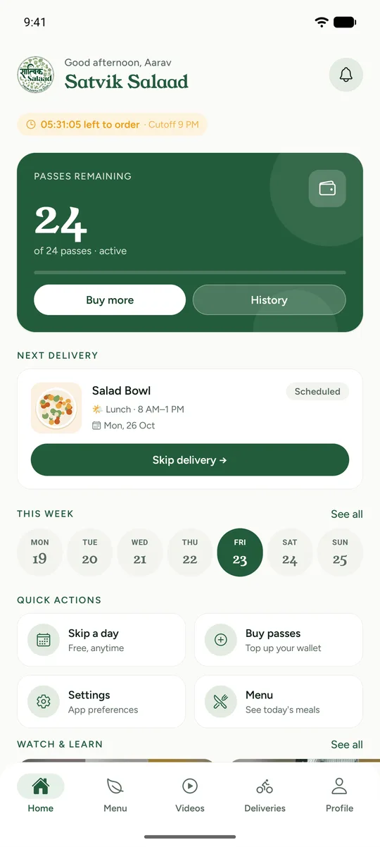 Satvik Salaad app home screen with meals left and the next delivery