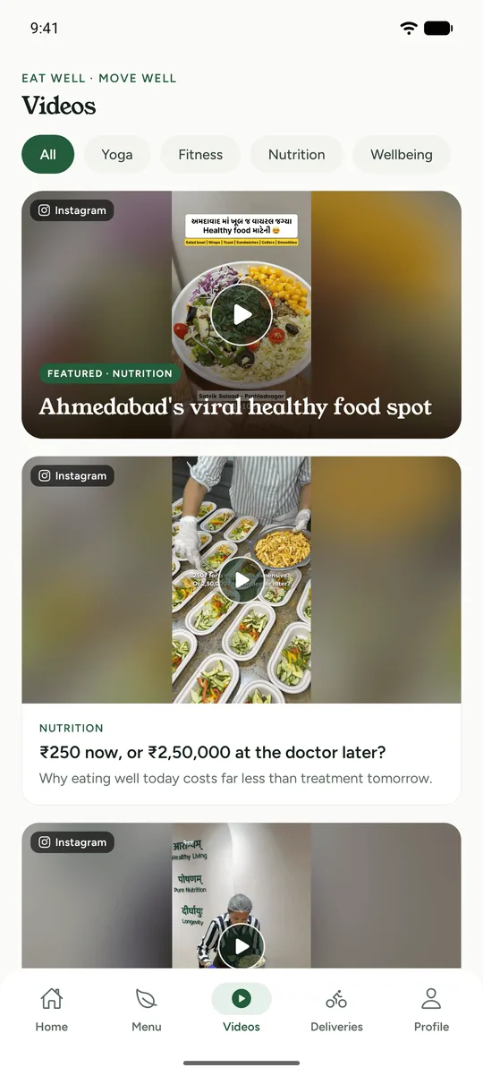 Videos tab in the Satvik Salaad app